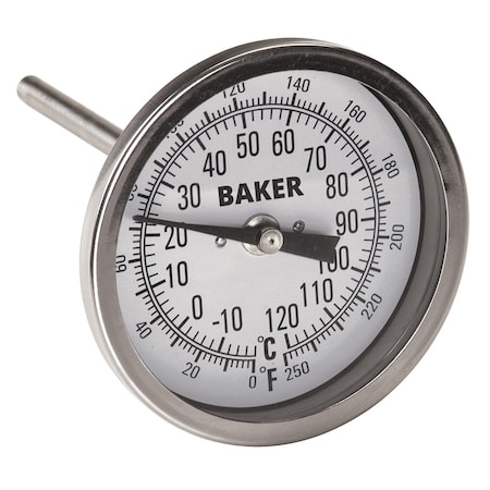 Baker Instruments T3004-250 Bimetal Thermometer, 0 to 250 deg F (-20 to 120 deg C) T3004-250